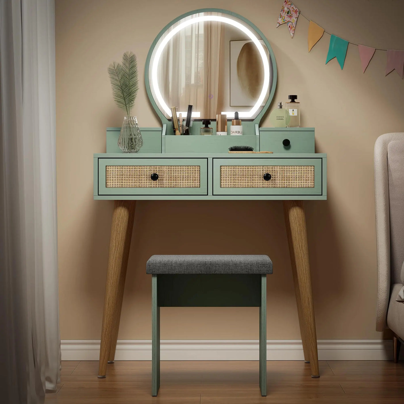30" Vintage Makeup Vanity Table Set with Flip-Top Mirror & Rattan Drawers, Compact Dressing Table with Padded Stool