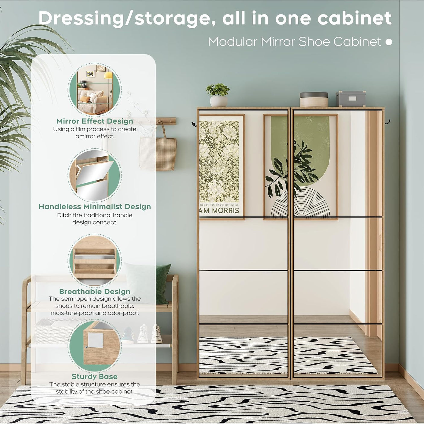 Mirrored Shoe Cabinet with 3 Flip Drawers & Top Storage | Natural Oak 5