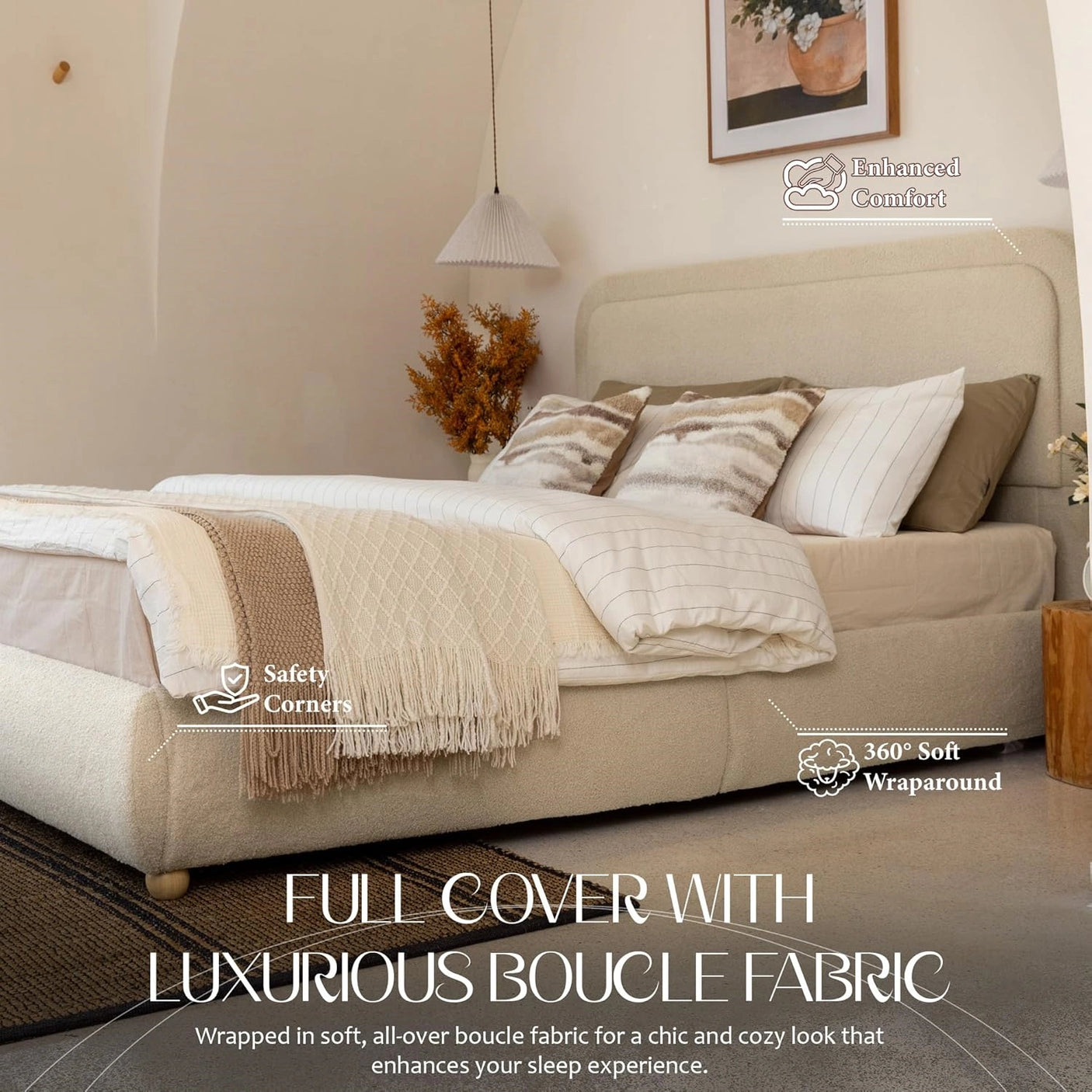 Modern Boucle "Cloud" Platform Bed Frame – Soft-Touch & Secure Support