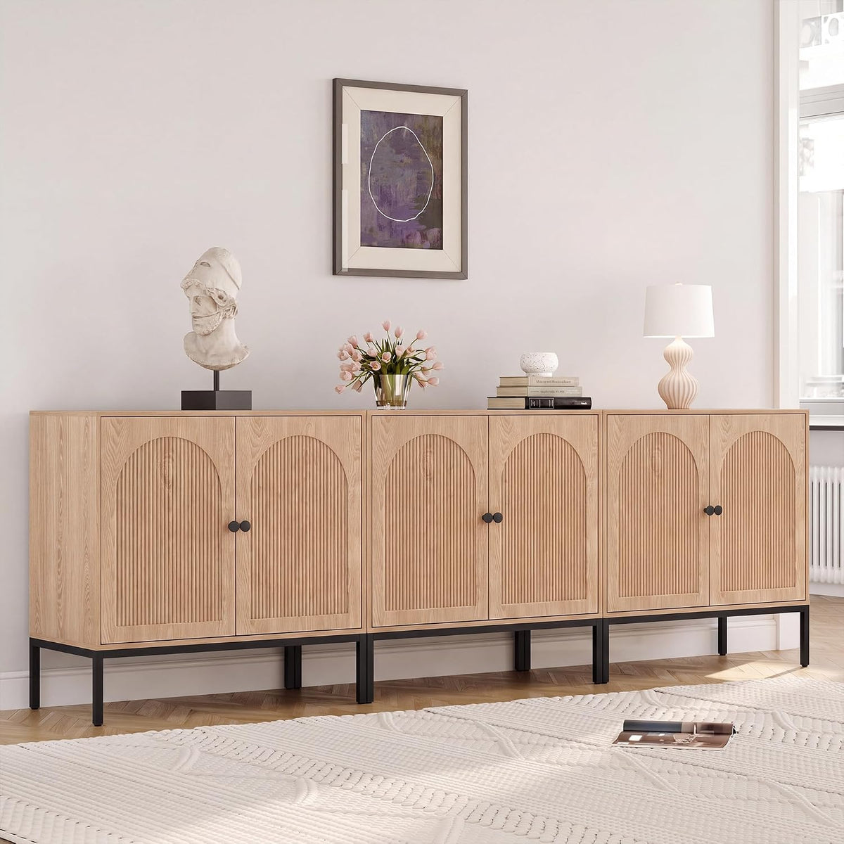 Natural Oak Fluted Sideboard Cabinet – 2-Door Arched Storage