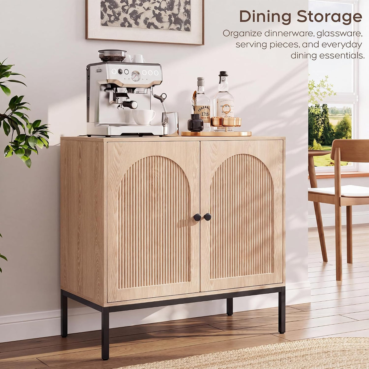Natural Oak Fluted Sideboard Cabinet – 2-Door Arched Storage
