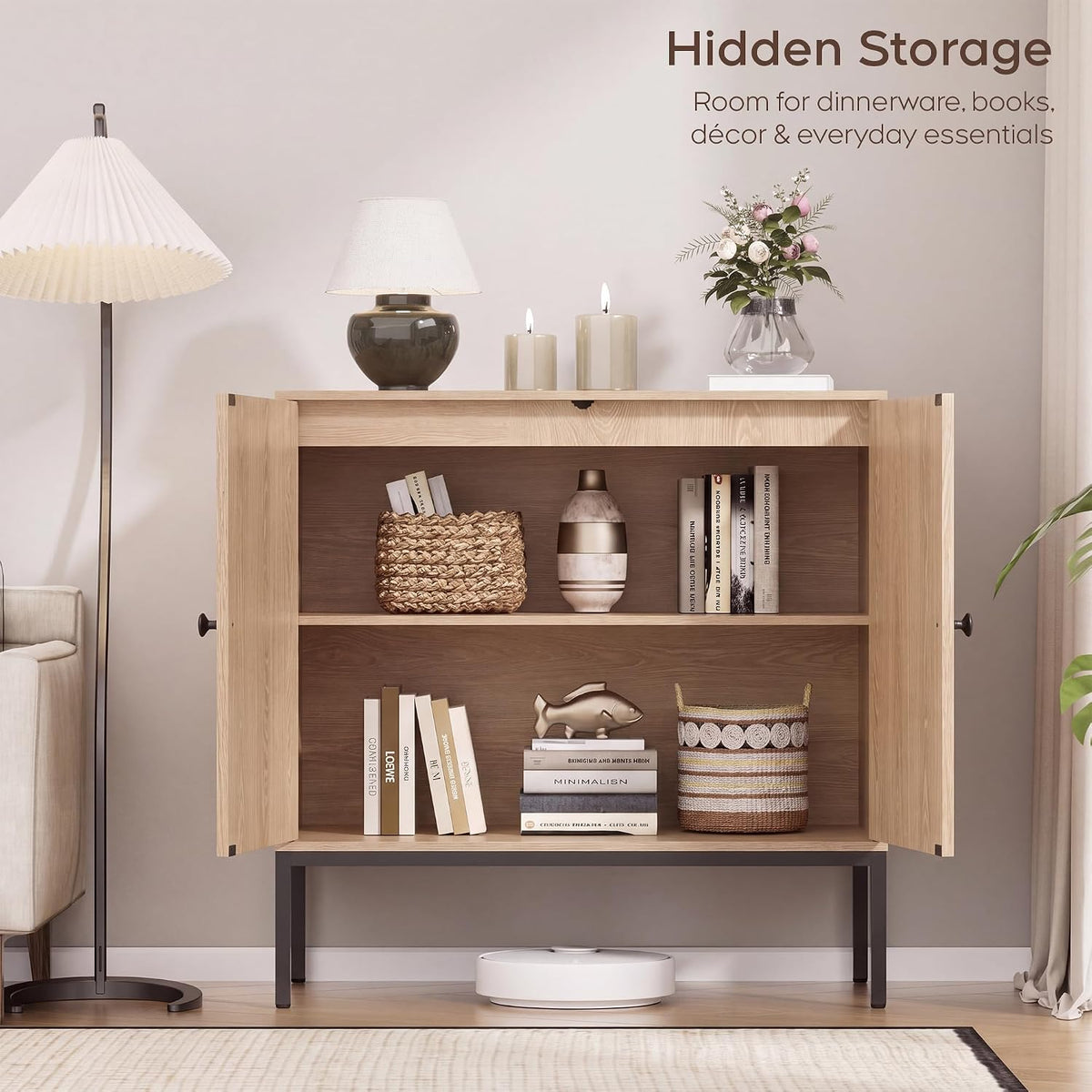 Natural Oak Fluted Sideboard Cabinet – 2-Door Arched Storage