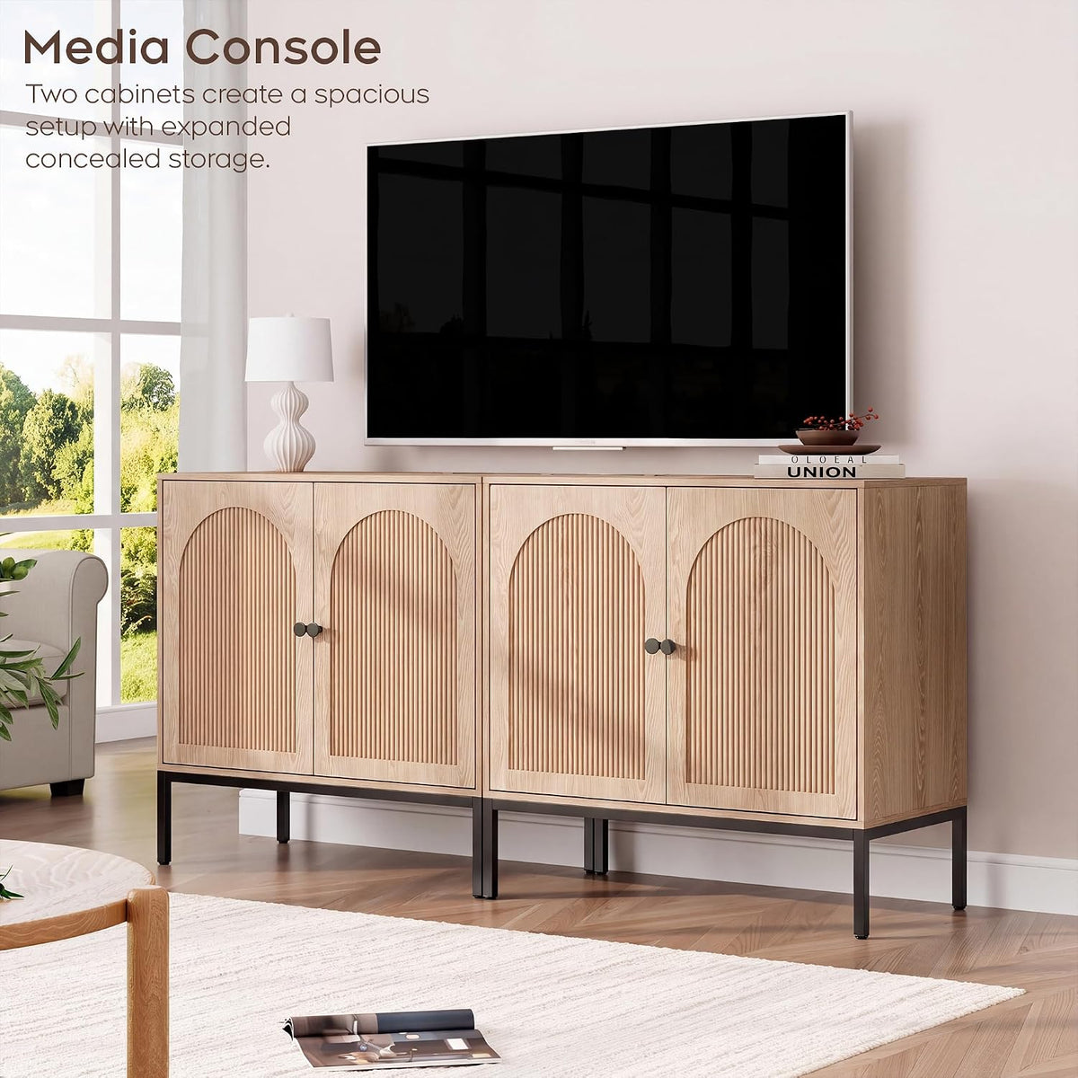 Natural Oak Fluted Sideboard Cabinet – 2-Door Arched Storage
