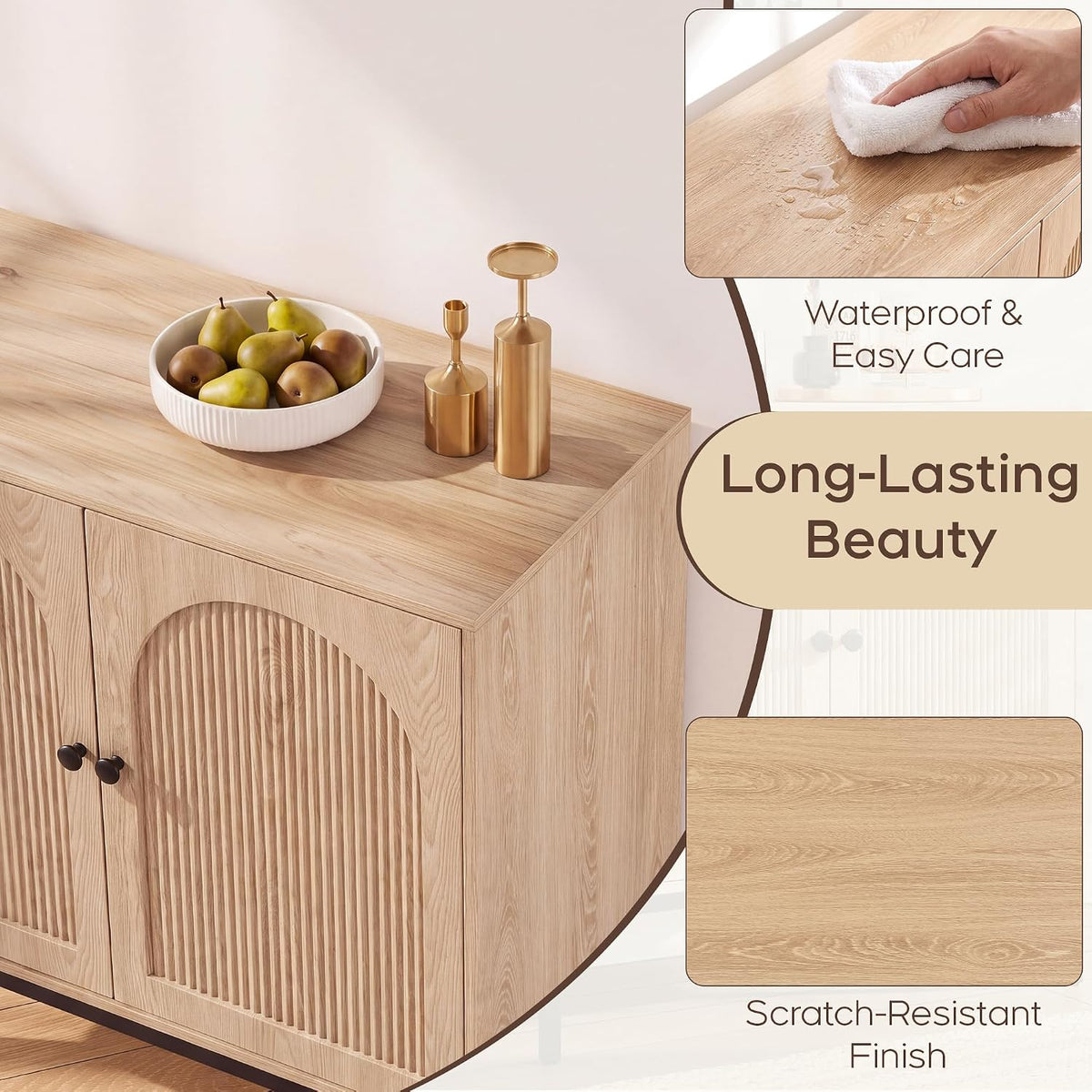 Natural Oak Fluted Sideboard Cabinet – 2-Door Arched Storage