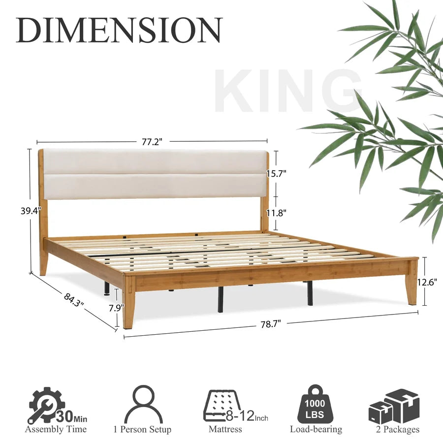 (Pre-Order)Bamboo Queen|King Bed Frame with Upholstered Headboard | Japanese Joinery | Mid-Century Modern | Yechen Home