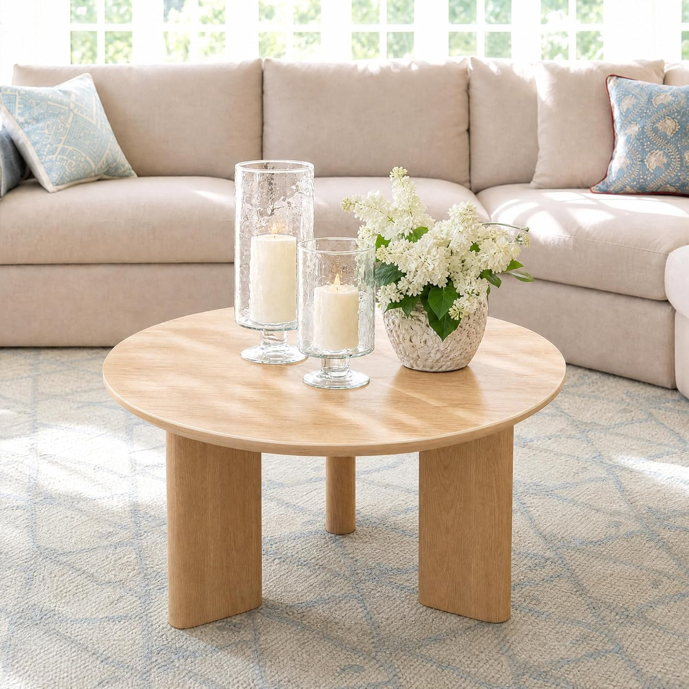 Nesting Coffee Table Set of 2 – Wood Veneer & Faux Marble | Round Mid Century Modern Center Table | Yechen Home