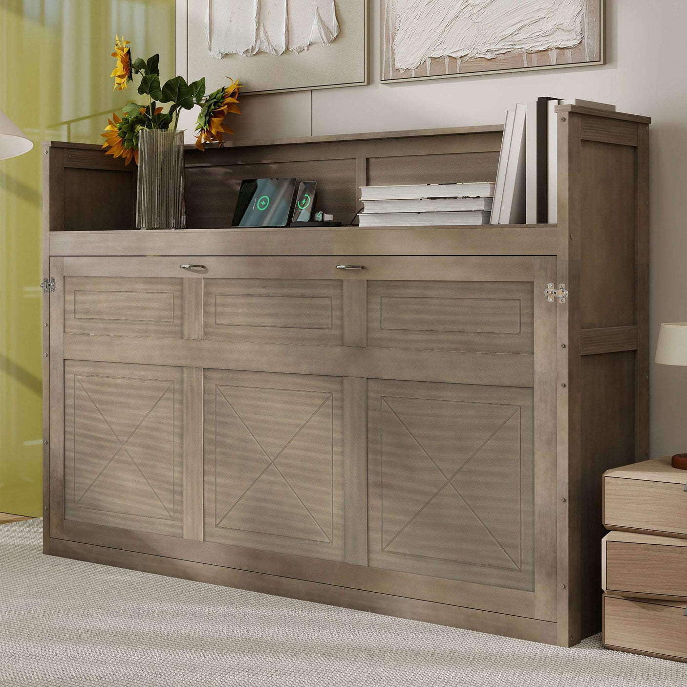 XL Size Murphy Bed with Desk,LED Light and USB Charging Station