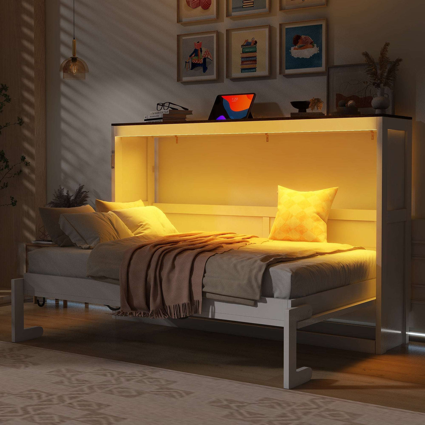 Twin Size Murphy Bed with LED Lights, Foldable Wall Bed Frame