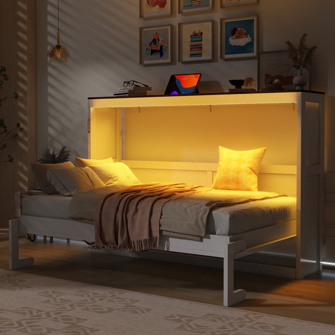 Twin Size Murphy Bed with LED Lights, Foldable Wall Bed Frame