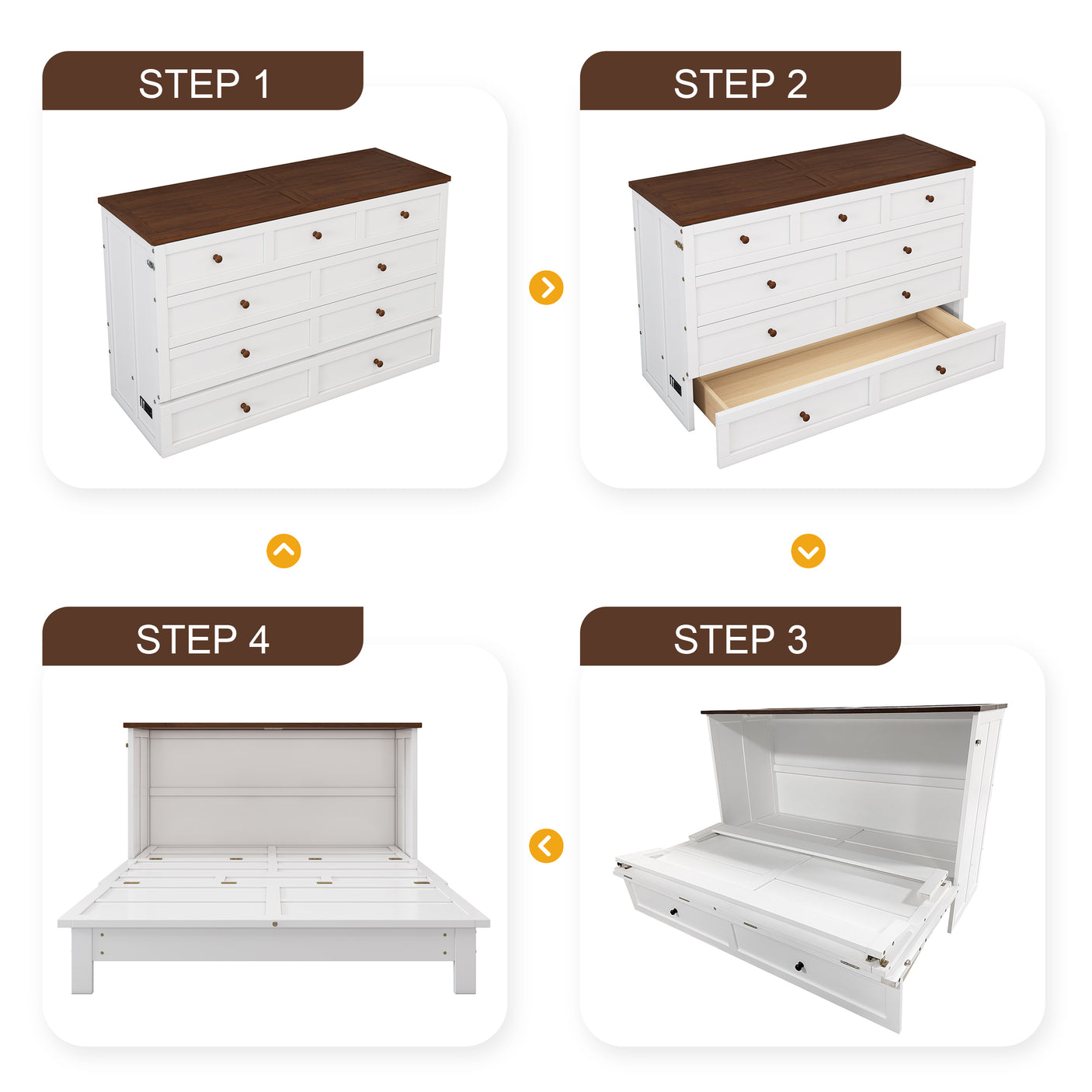 Solid Pine horizontal Murphy Bed Cabinet with Charging Station and Large Storage Drawer