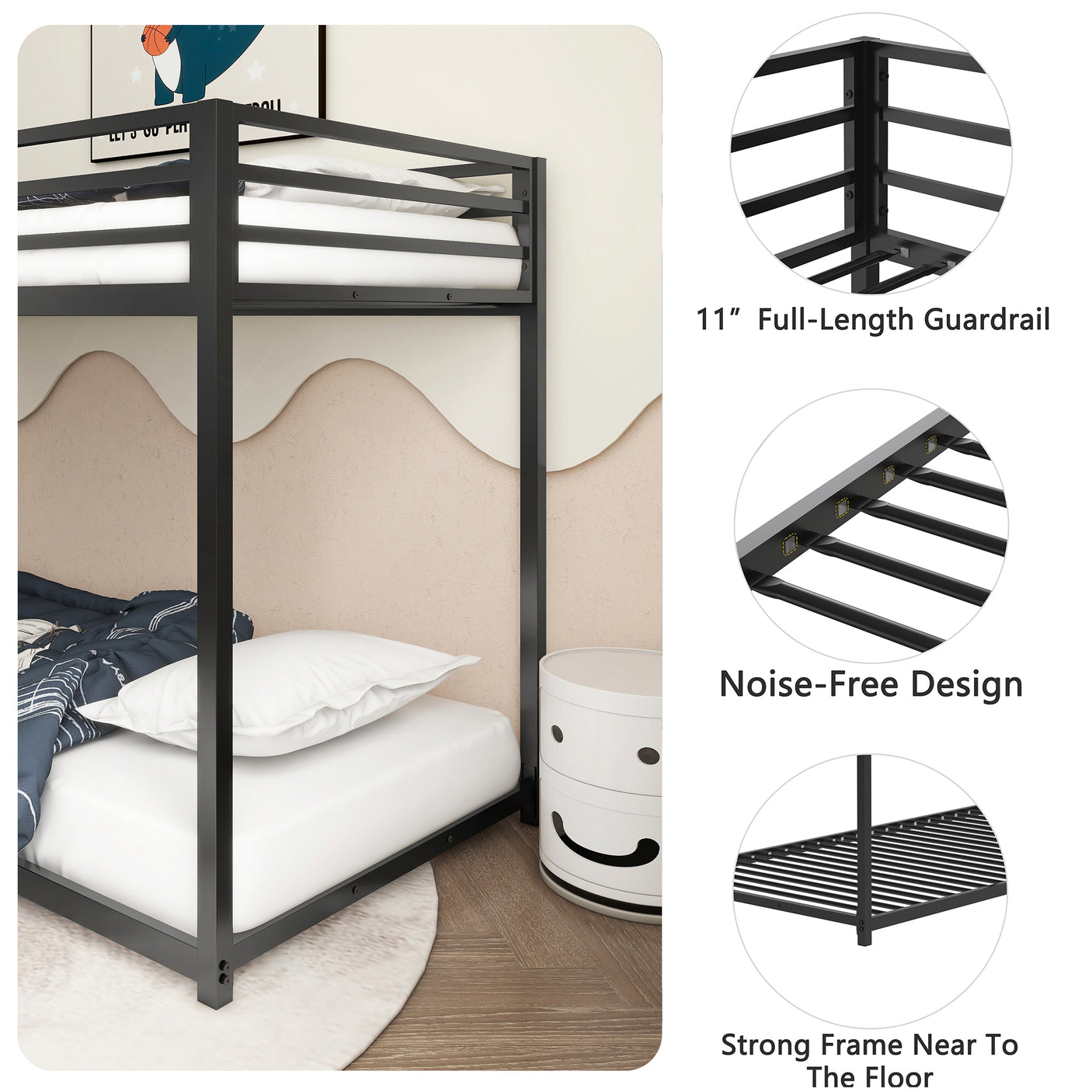 Sturdy Twin over Twin Bunk Bed Metal Black for Kids and Adult
