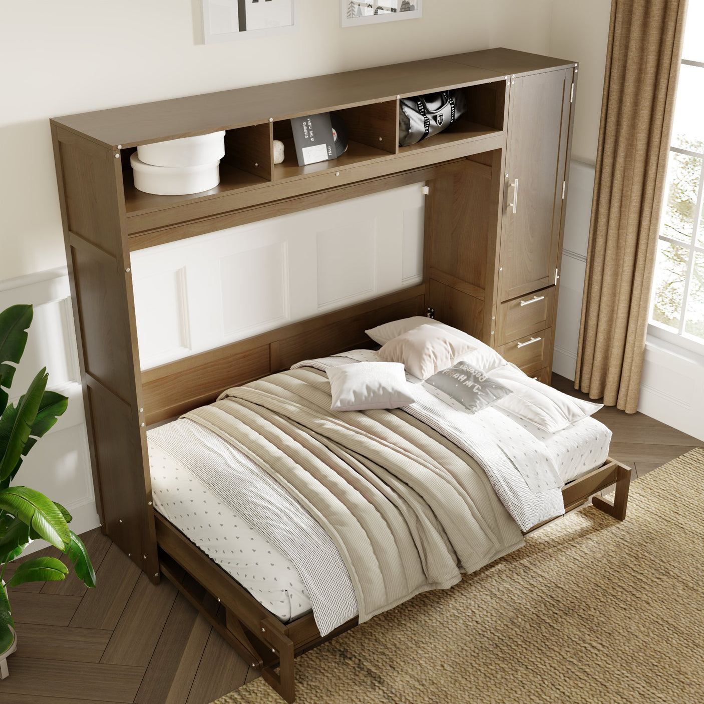 89" H Queen Size Murphy Bed with Closet, Drawers and Open Shelves