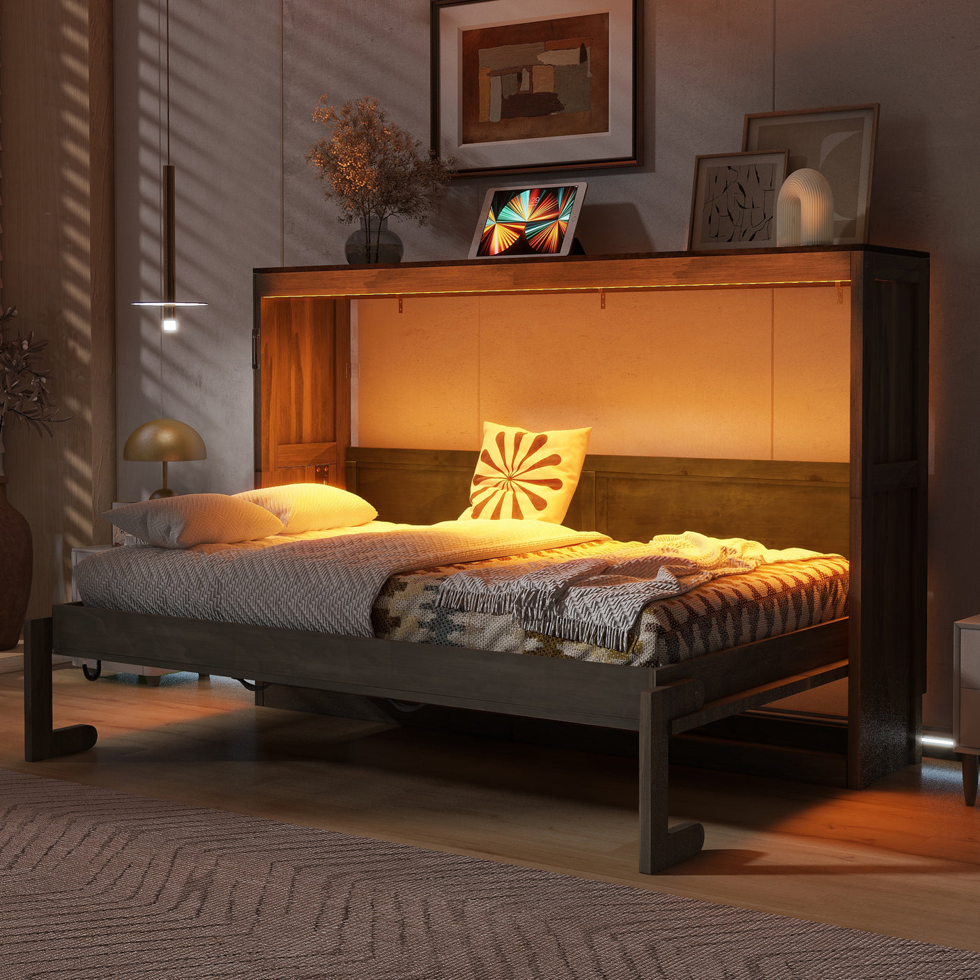 Twin Size Murphy Bed with LED Lights, Foldable Wall Bed Frame