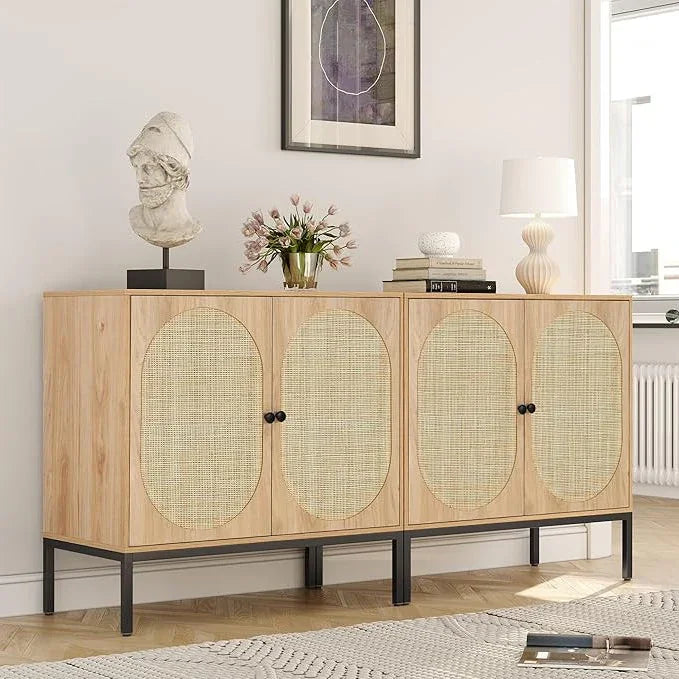 Sideboard Cabinet with Natural Rattan Decorated Doors