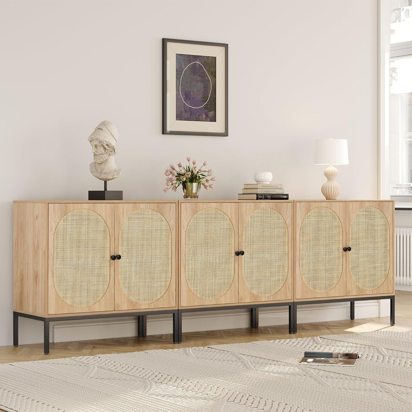 Sideboard Cabinet with Natural Rattan Decorated Doors