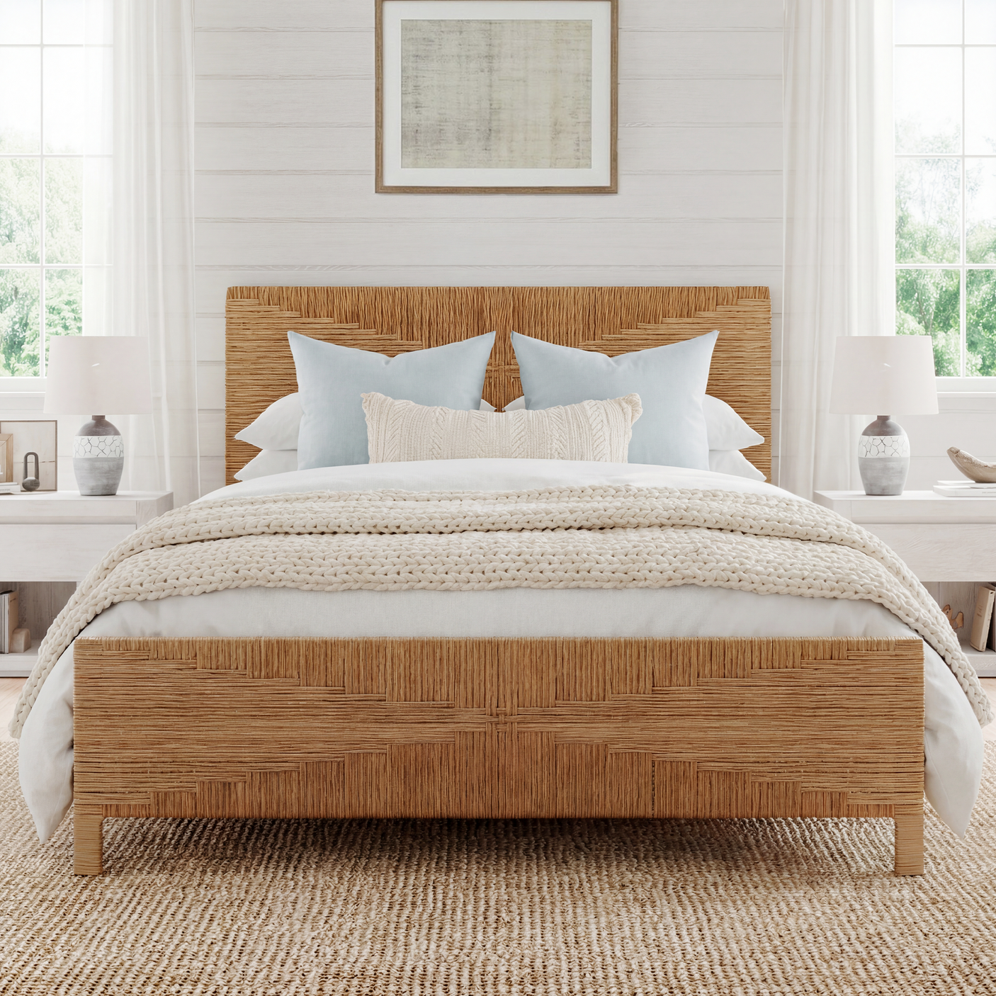 Bohemian Rattan Queen Bed Frame with Headboard and Footboard