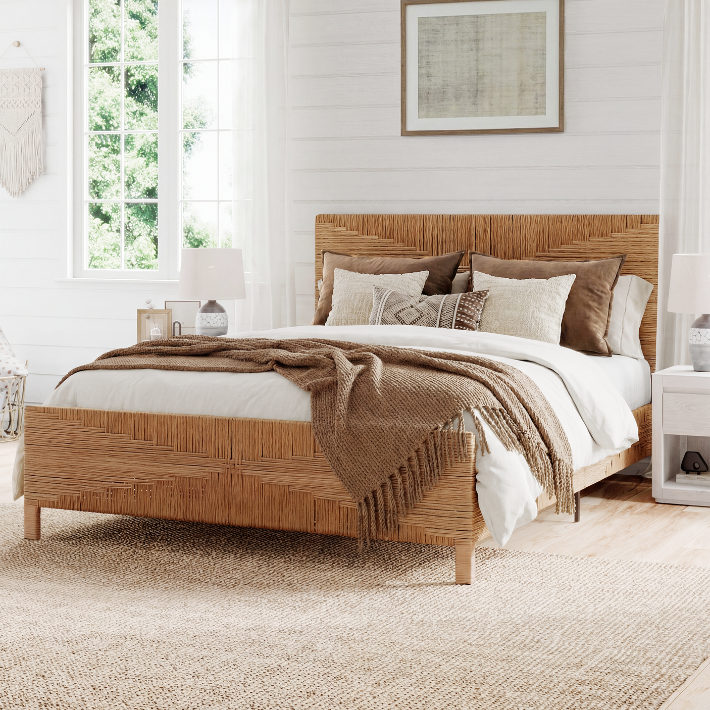 Bohemian Rattan Queen Bed Frame with Headboard and Footboard