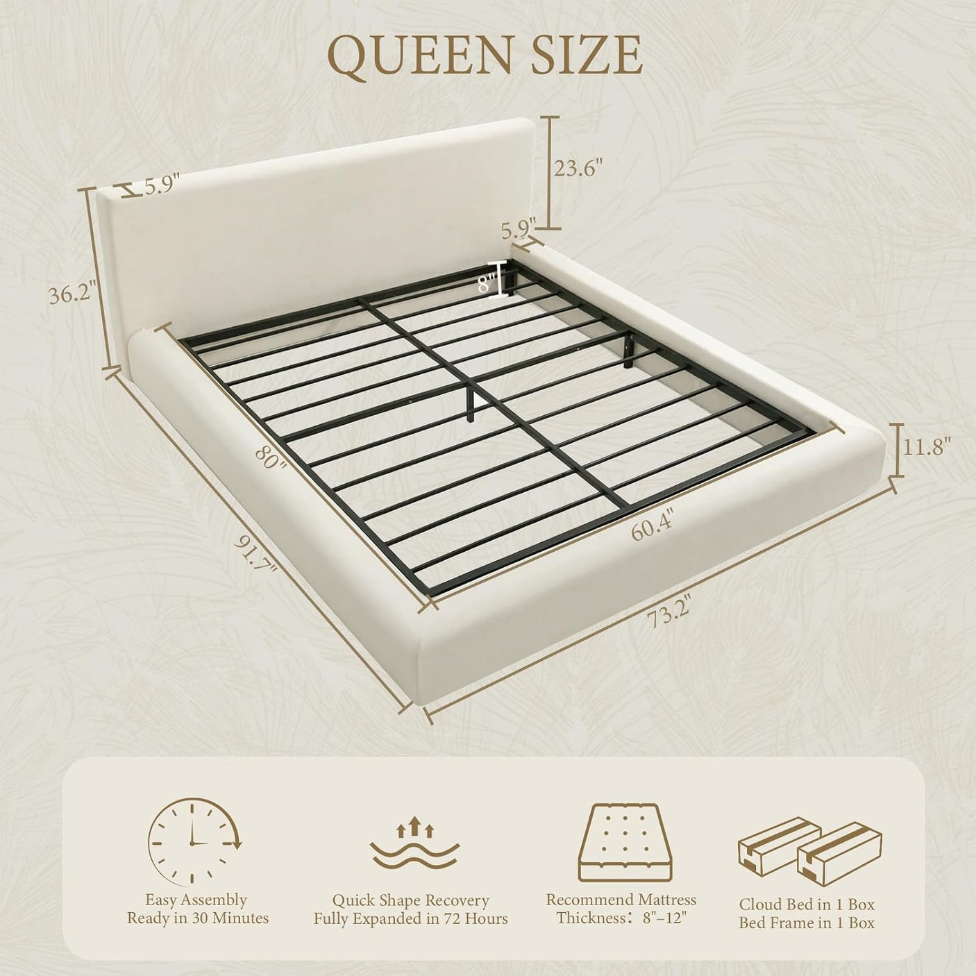 Cloud Bed Frame | Ribbed Chenille Upholstered Bed | 5.9" Padded Headboard – Queen & King