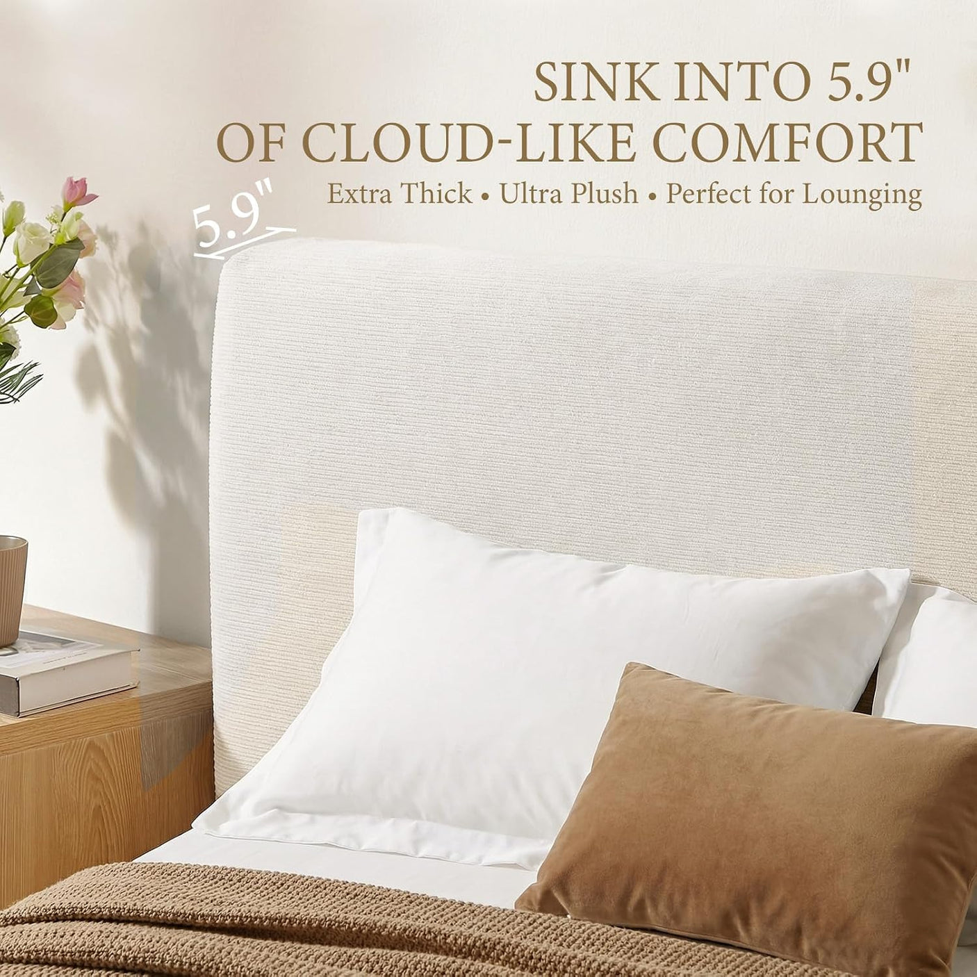 Cloud Bed Frame | Ribbed Chenille Upholstered Bed | 5.9" Padded Headboard – Queen & King