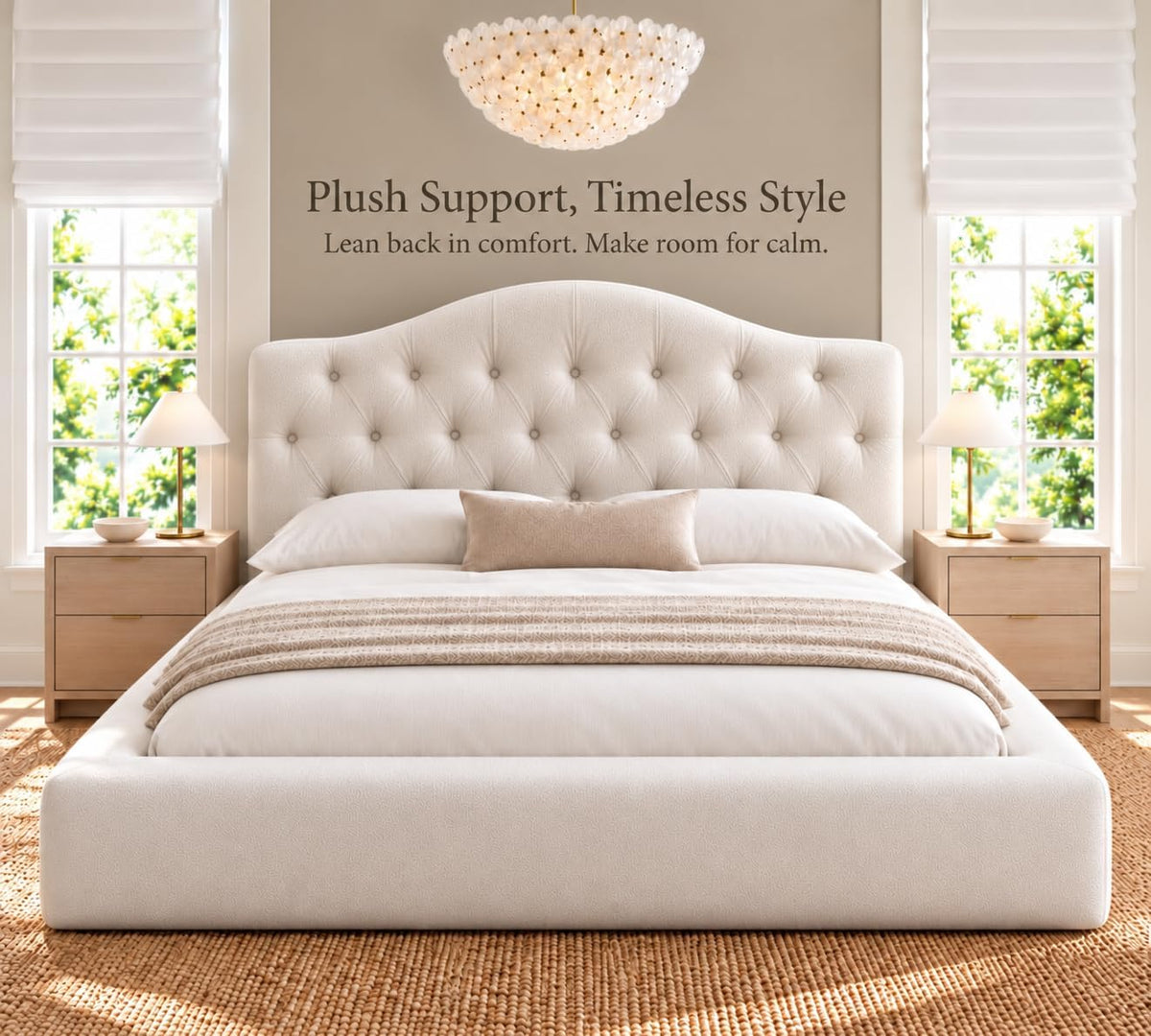 Yechen Cloud Bed Frame, Curved Button-Tufted Headboard, Soft Chenille Upholstered Platform Bed