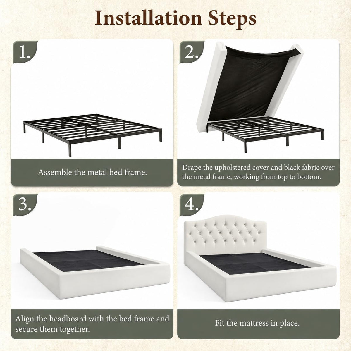 Yechen Cloud Bed Frame, Curved Button-Tufted Headboard, Soft Chenille Upholstered Platform Bed