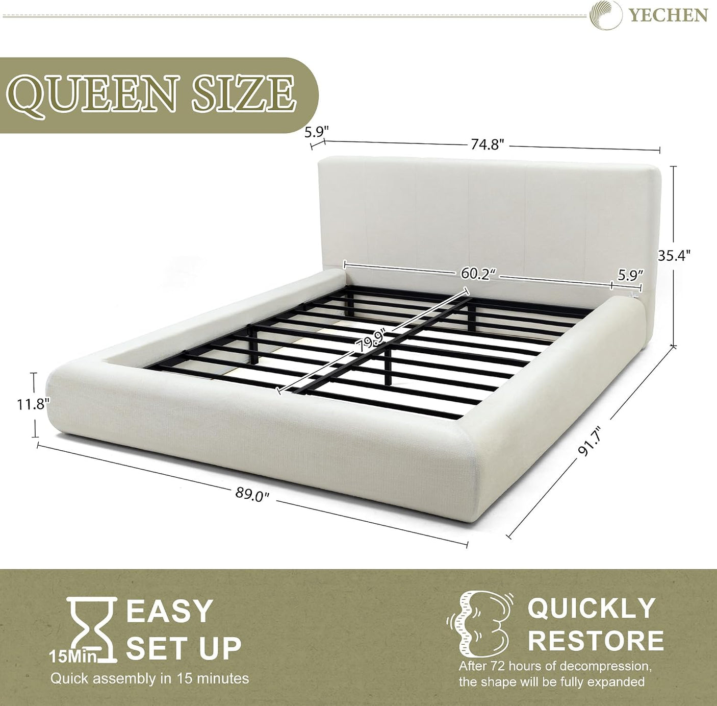 Cloud Bed Frame | Removable Washable Headboard | Boucle Upholstered Platform Bed | Queen & King