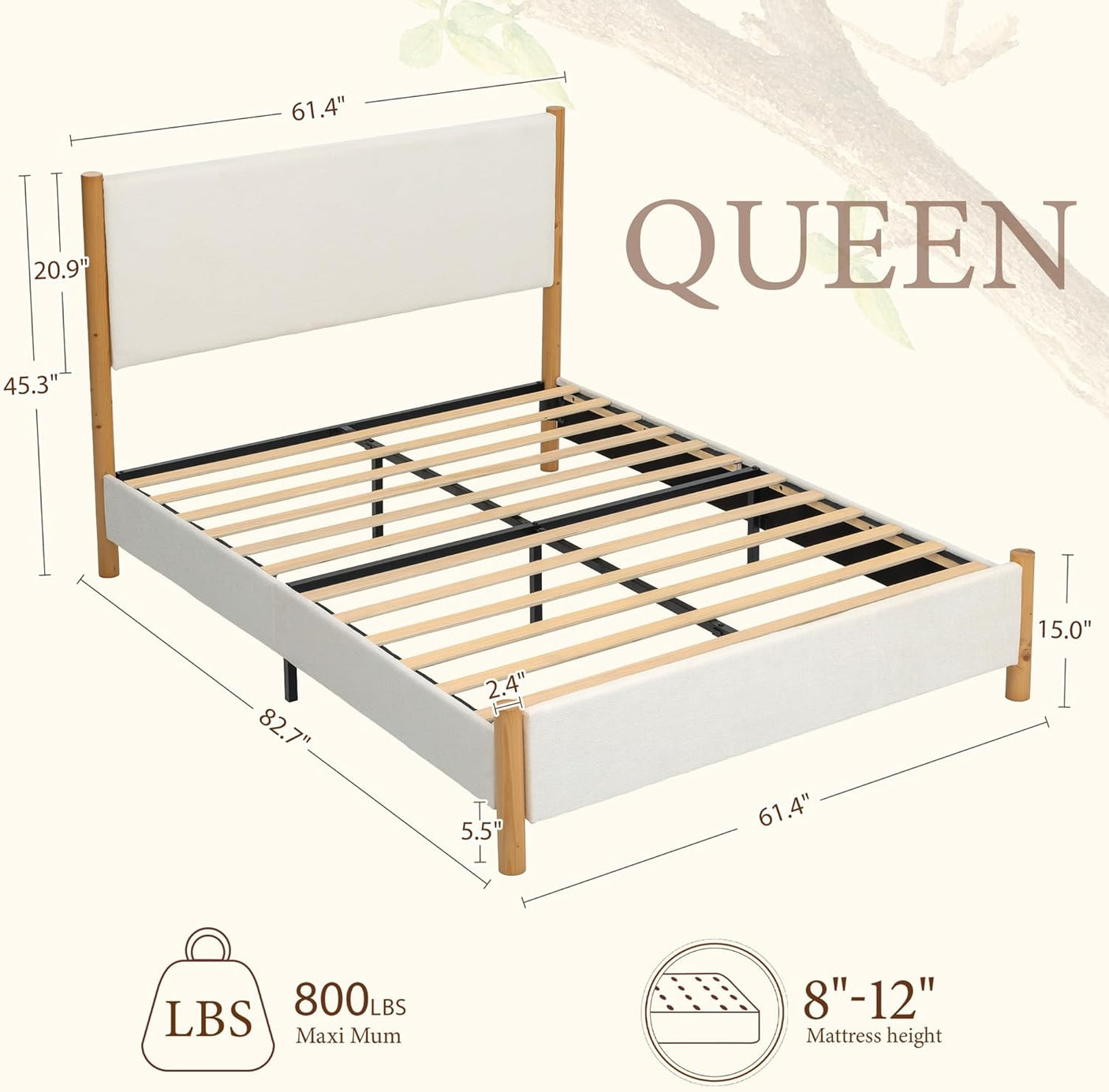 Yechen Platform Bed Frame with Chenille Headboard | FSC Pine Wood | Queen & King | White