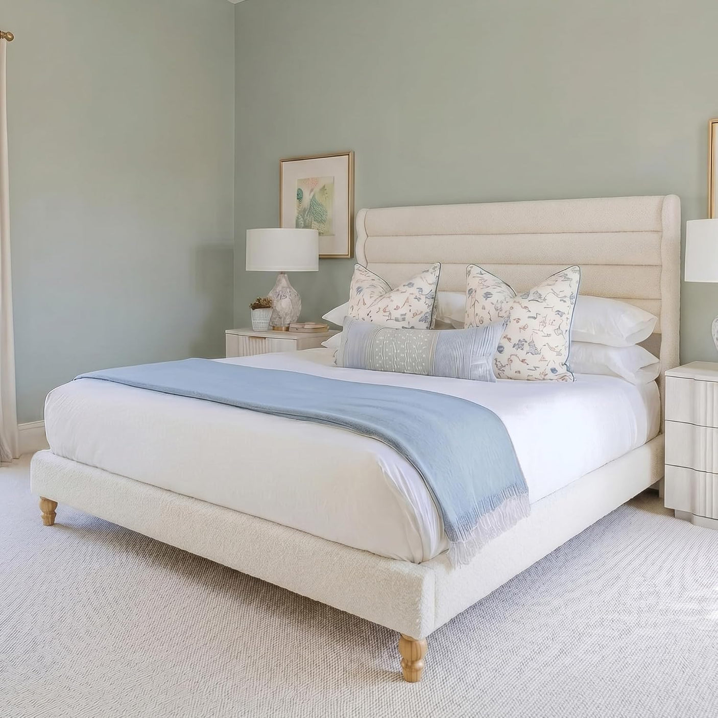 Yechen Cloud Bed Frame (Full/Queen), Boucle Upholstered Bedframe with Wavy Headboard, Wooden Platform Bed Frame with Solid Wood Legs, Soft Rounded Footboard, No Box Spring Needed, Easy Assembly, Beige