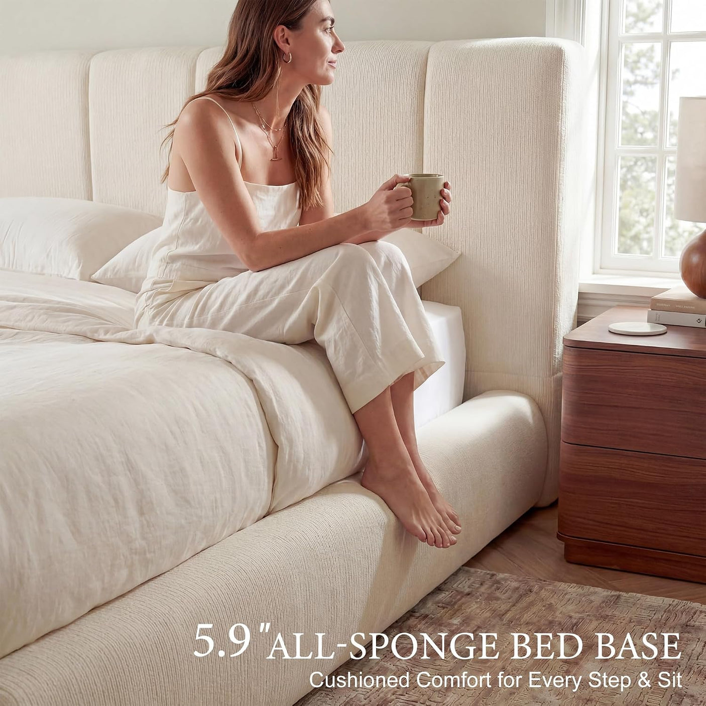 Cloud Bed Frame | Removable Washable Headboard | Boucle Upholstered Platform Bed | Queen & King