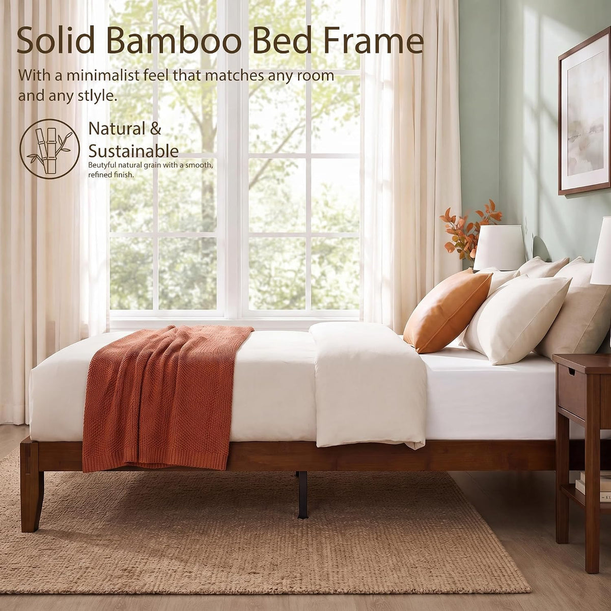 Bamboo Japanese Joinery Bed Frame | Platform Bed Frame with 4 Mattress Stoppers | Low Profile, Noise-Free, No Box Spring Needed