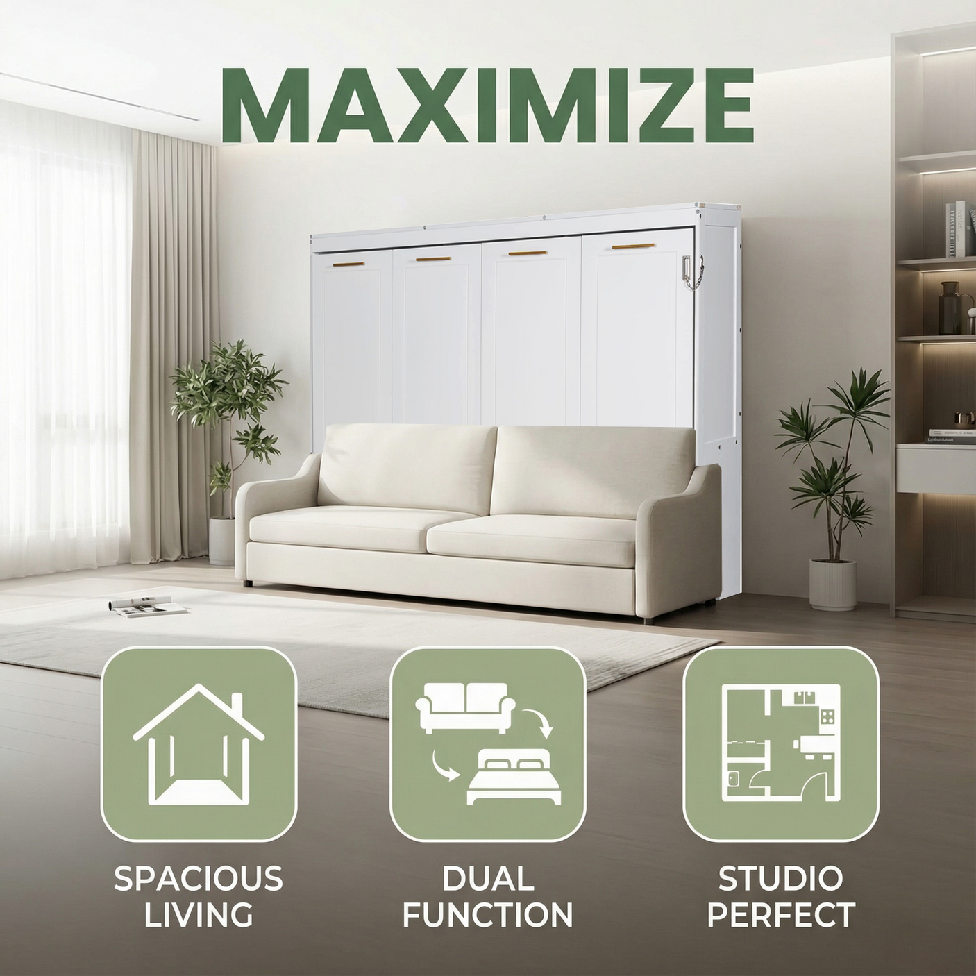 66.5"H Horizontal Murphy Cabinet Bed with Folding Sofa