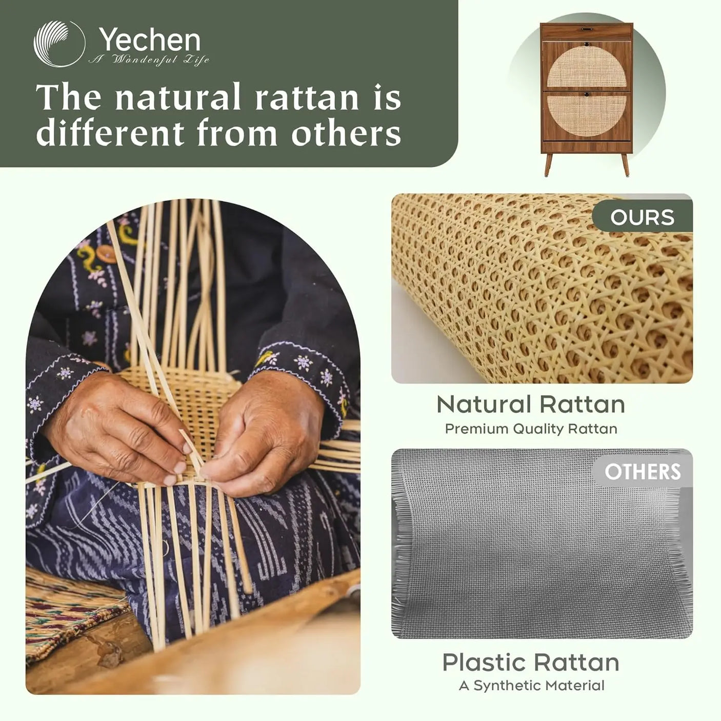 Rattan Entryway Shoe Cabinet – Natural Oak & Hand-Woven Elegance