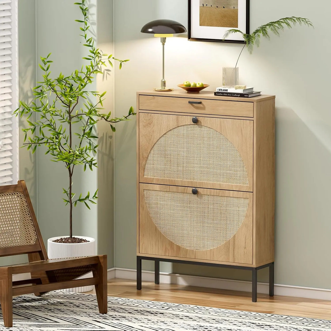 Rattan Entryway Shoe Cabinet – Natural Oak & Hand-Woven Elegance