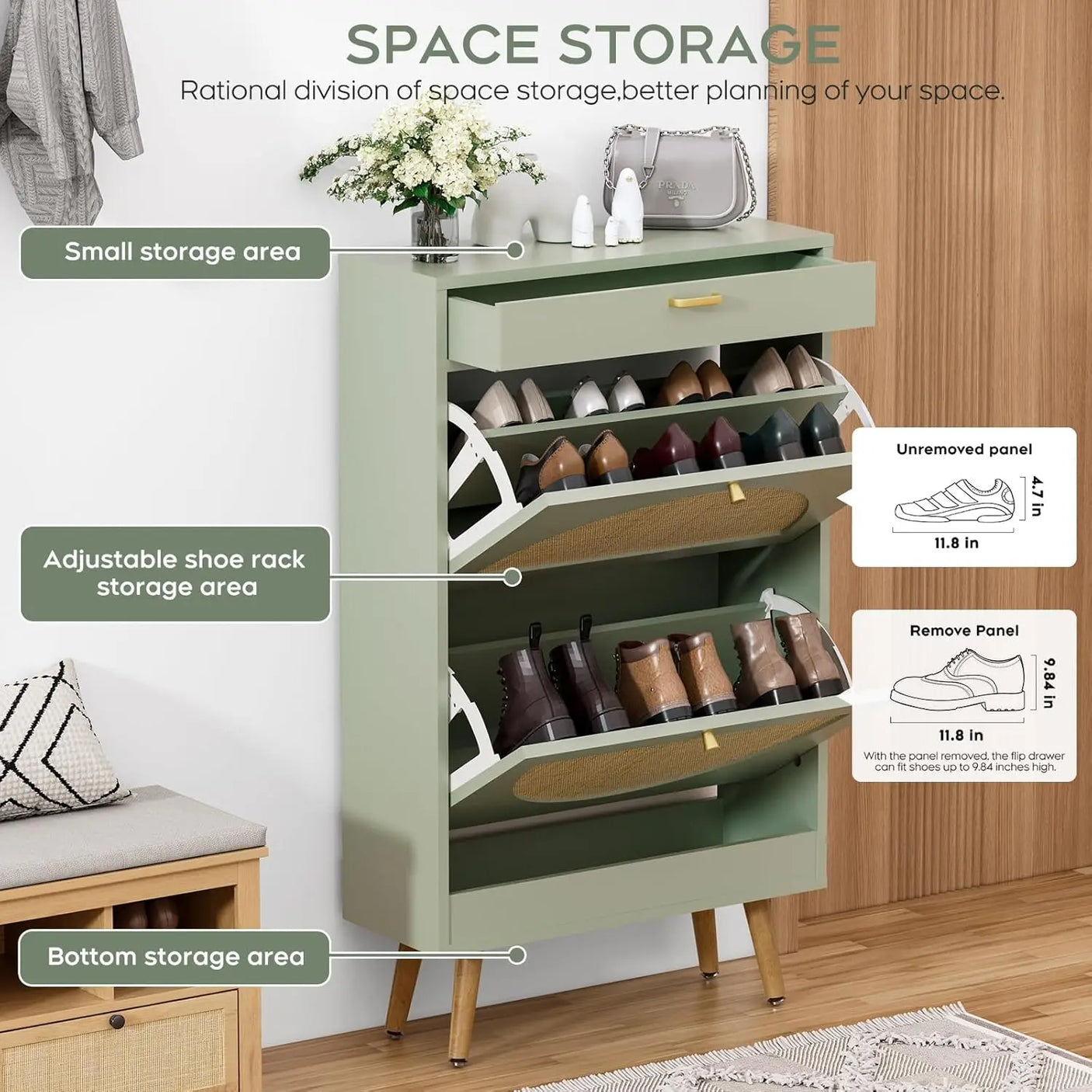 Rattan Entryway Shoe Cabinet – Natural Oak & Hand-Woven Elegance