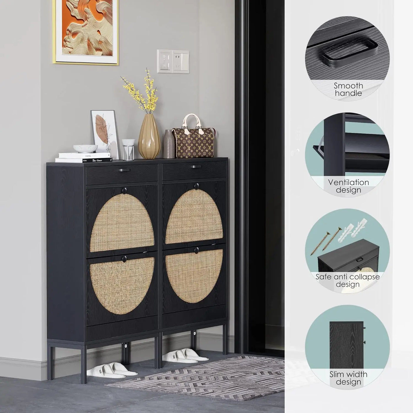 Rattan Entryway Shoe Cabinet – Natural Oak & Hand-Woven Elegance