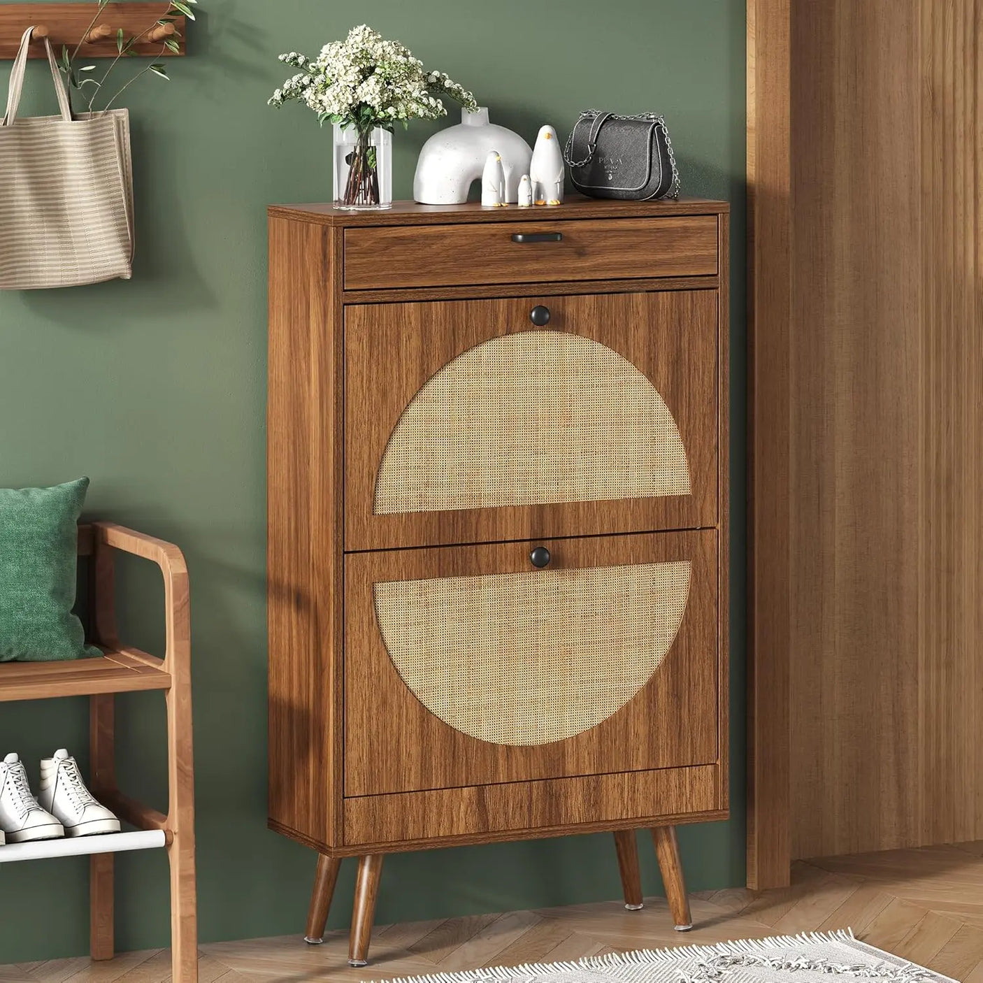Rattan Entryway Shoe Cabinet – Natural Oak & Hand-Woven Elegance
