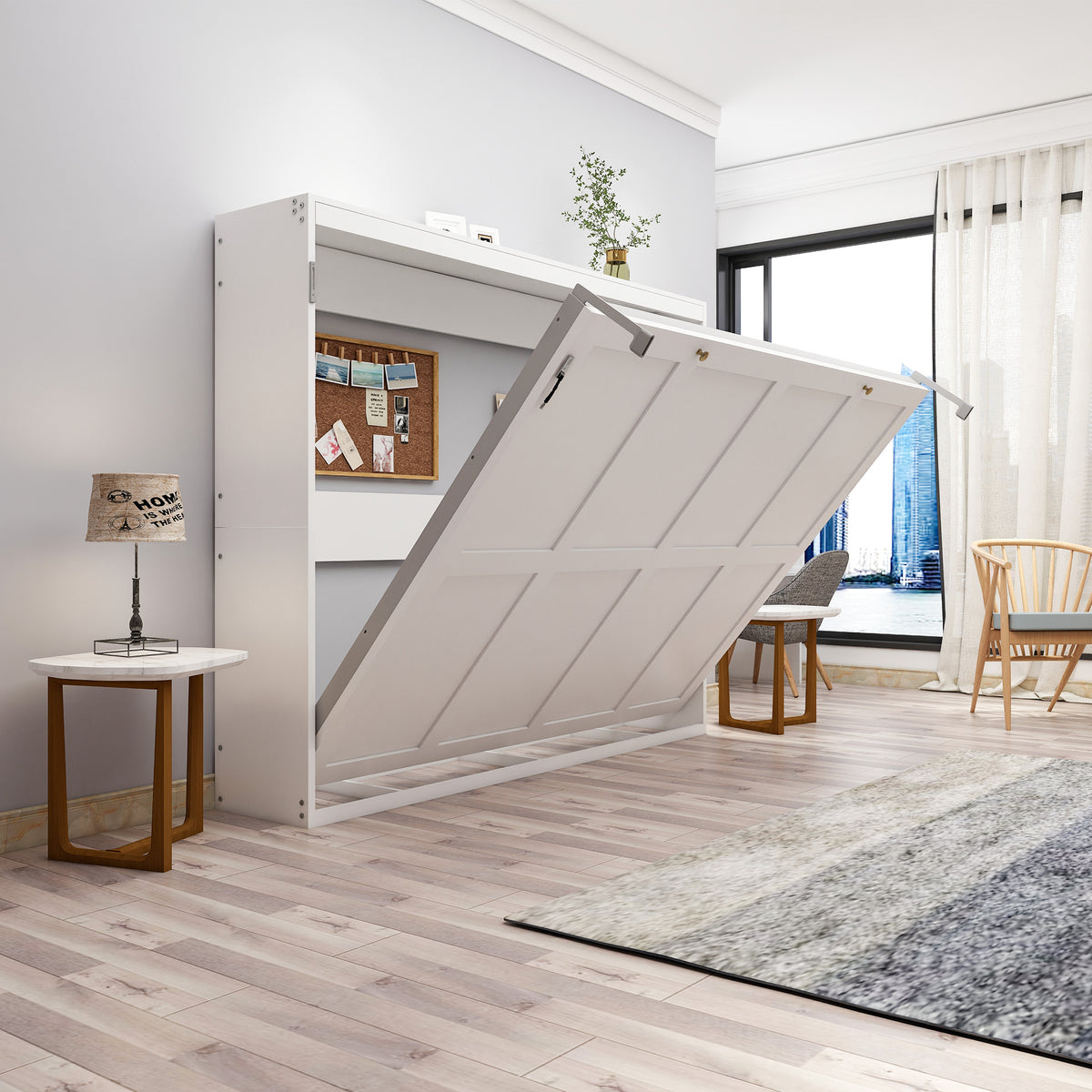 Queen Horizontal Murphy Bed with Folding Cabinet – White