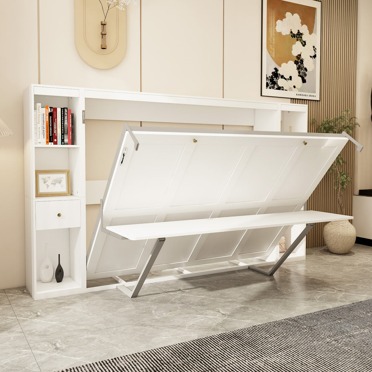Queen Horizontal Murphy Bed with Desk & Storage – White