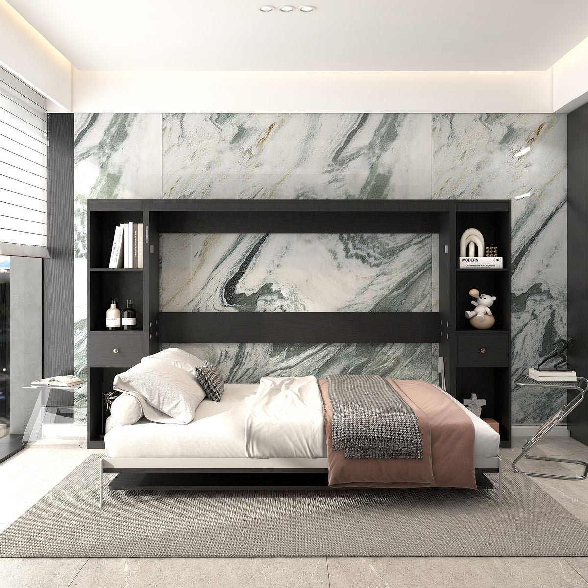Queen Horizontal Murphy Bed with Desk & Storage – Black
