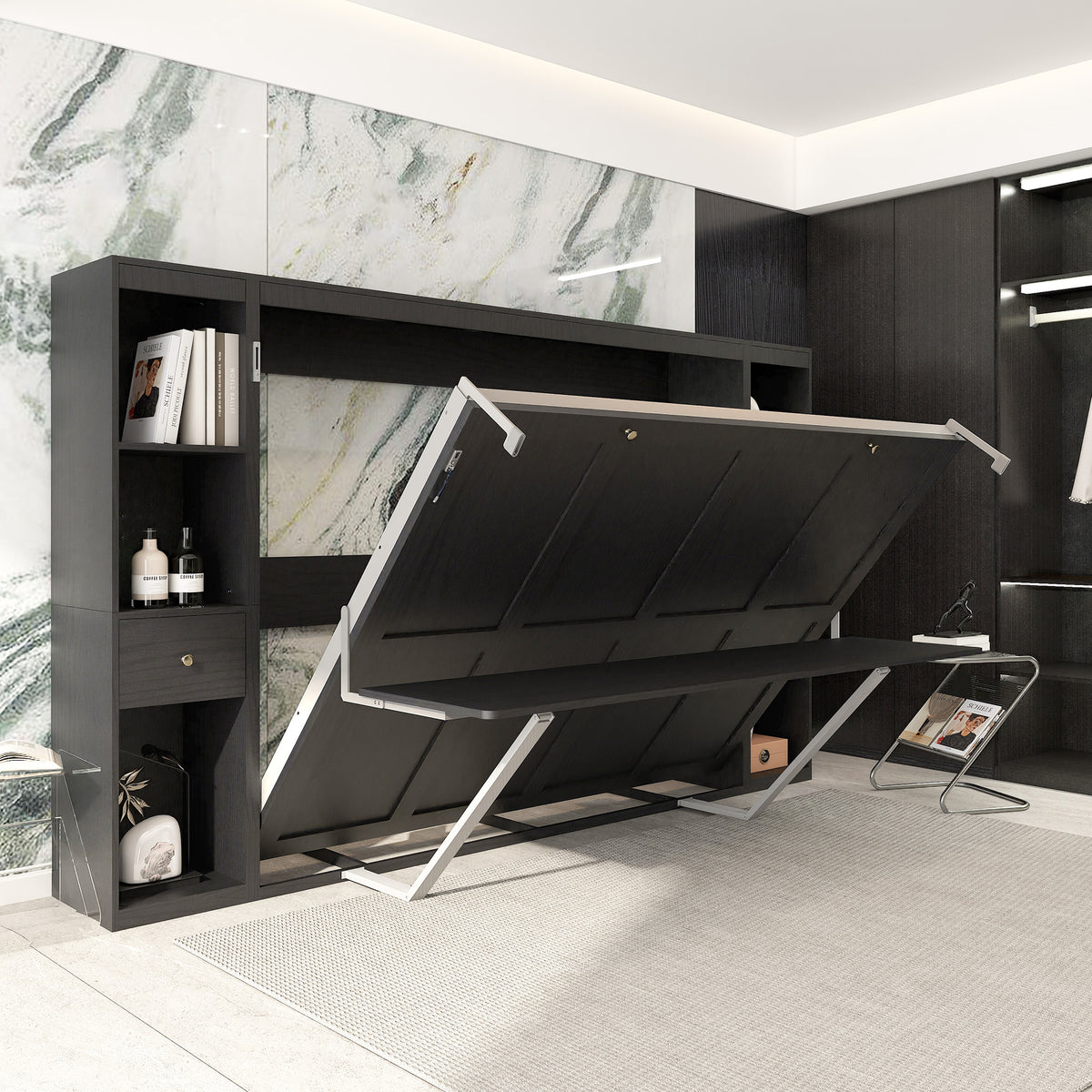 Queen Horizontal Murphy Bed with Desk & Storage – Black
