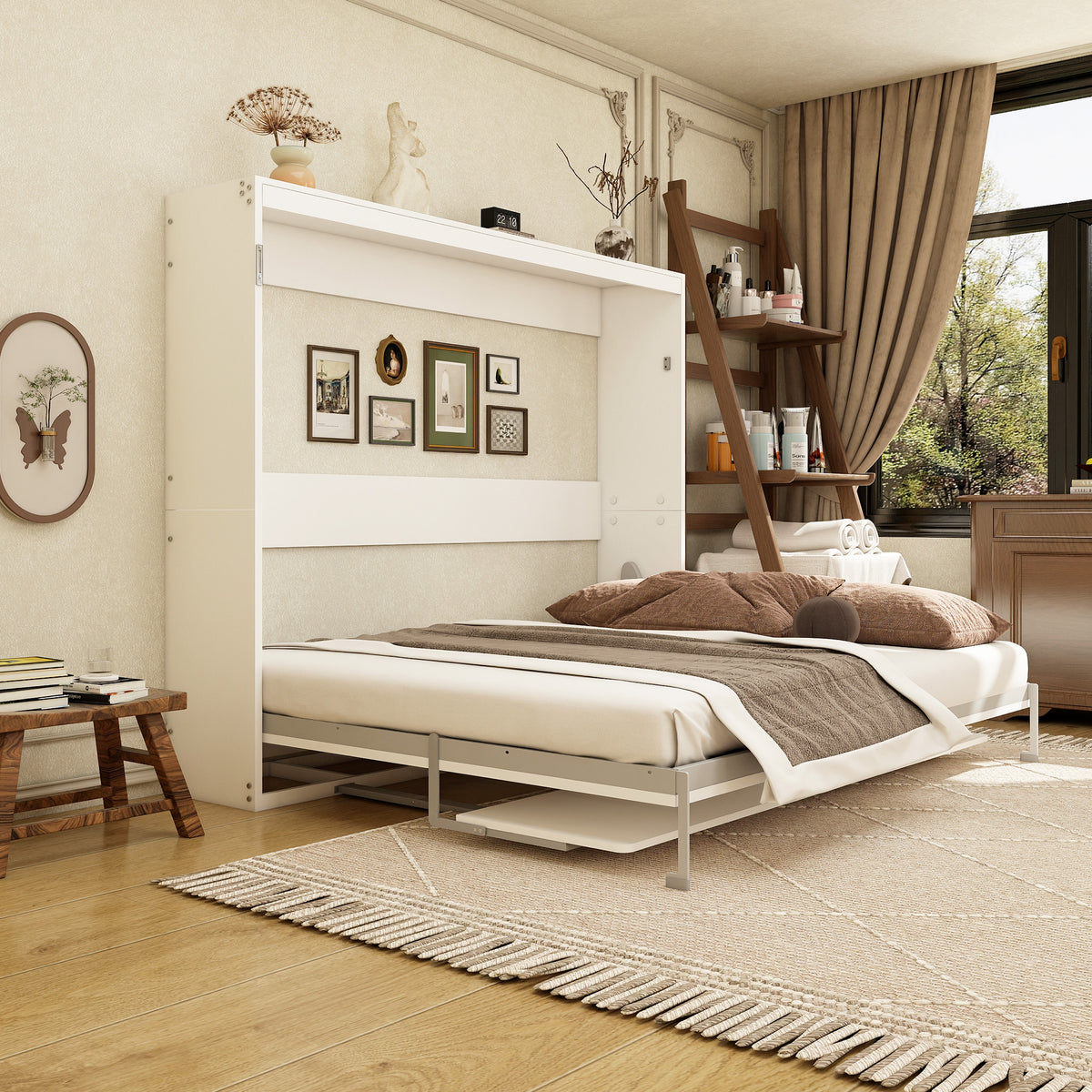 Queen Horizontal Murphy Bed with Desk – White