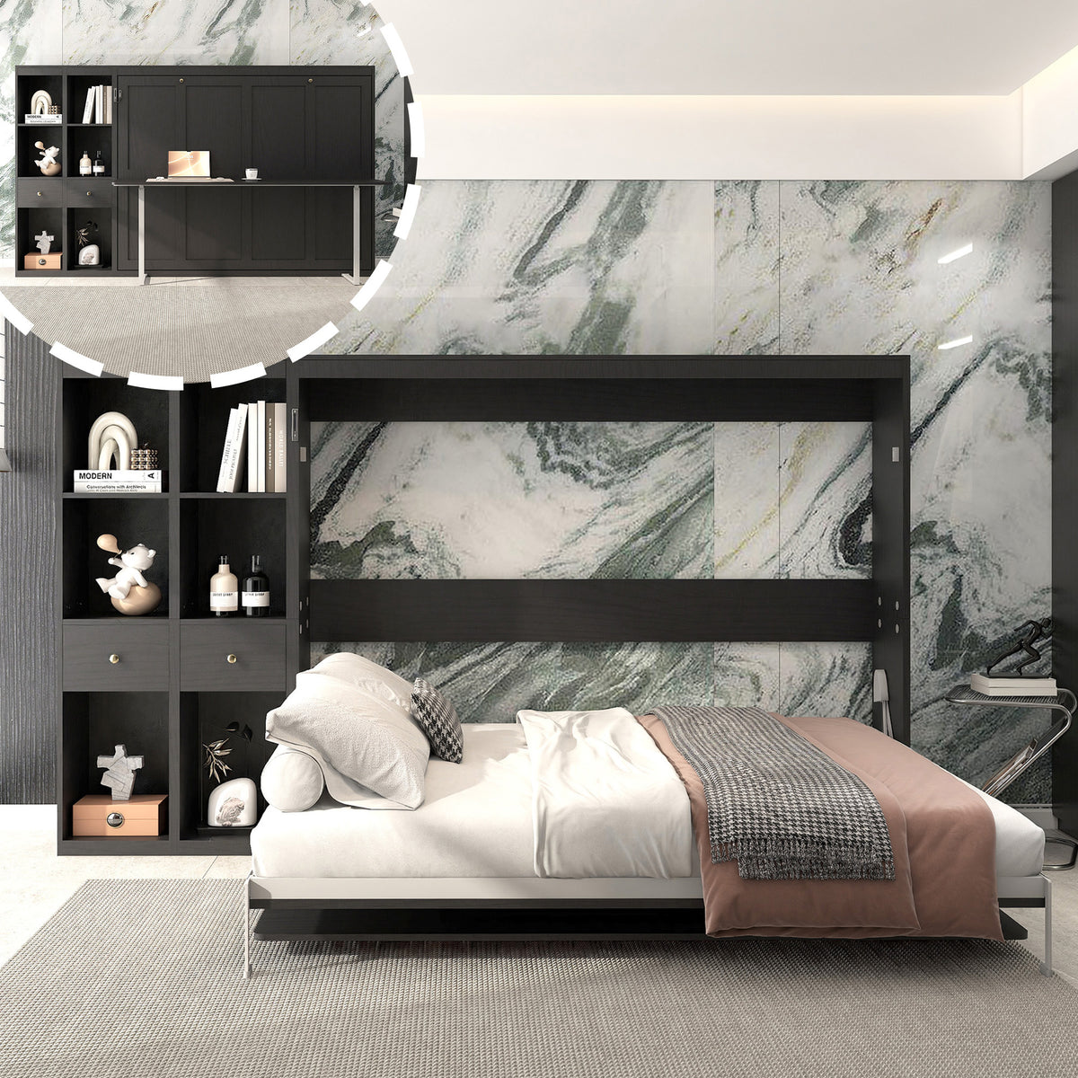 Queen Horizontal Murphy Bed with Desk & Storage – Black