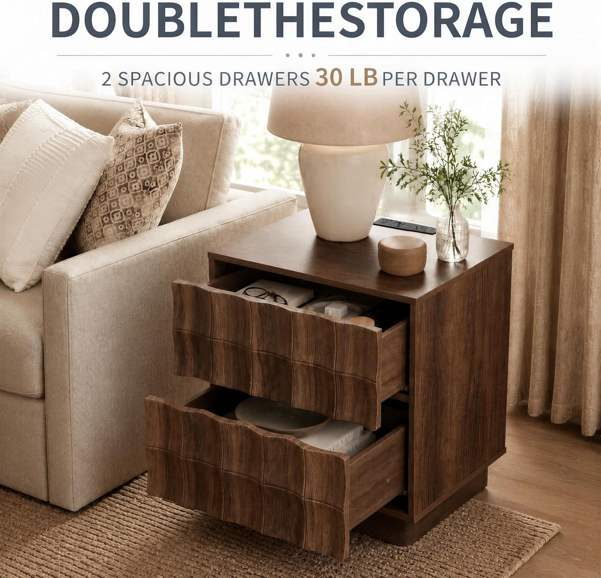Sculpted 3D Grid Nightstand with Charging Station, 2 Drawers | Yechen 14