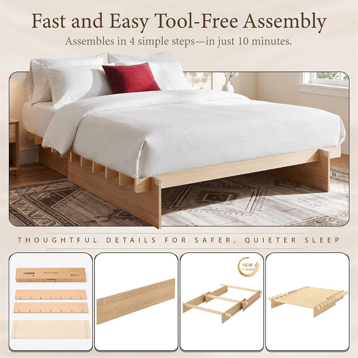 Solid Wood Platform Bed Frame | Natural Oak, Tool-Free Asse mbly, Queen & King