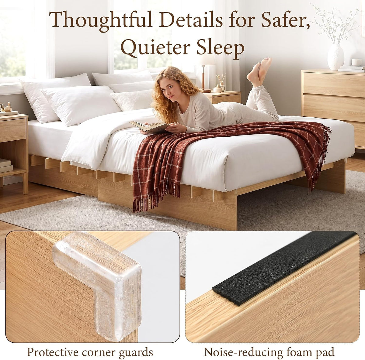 Solid Wood Platform Bed Frame | Natural Oak, Tool-Free Asse mbly, Queen & King 7