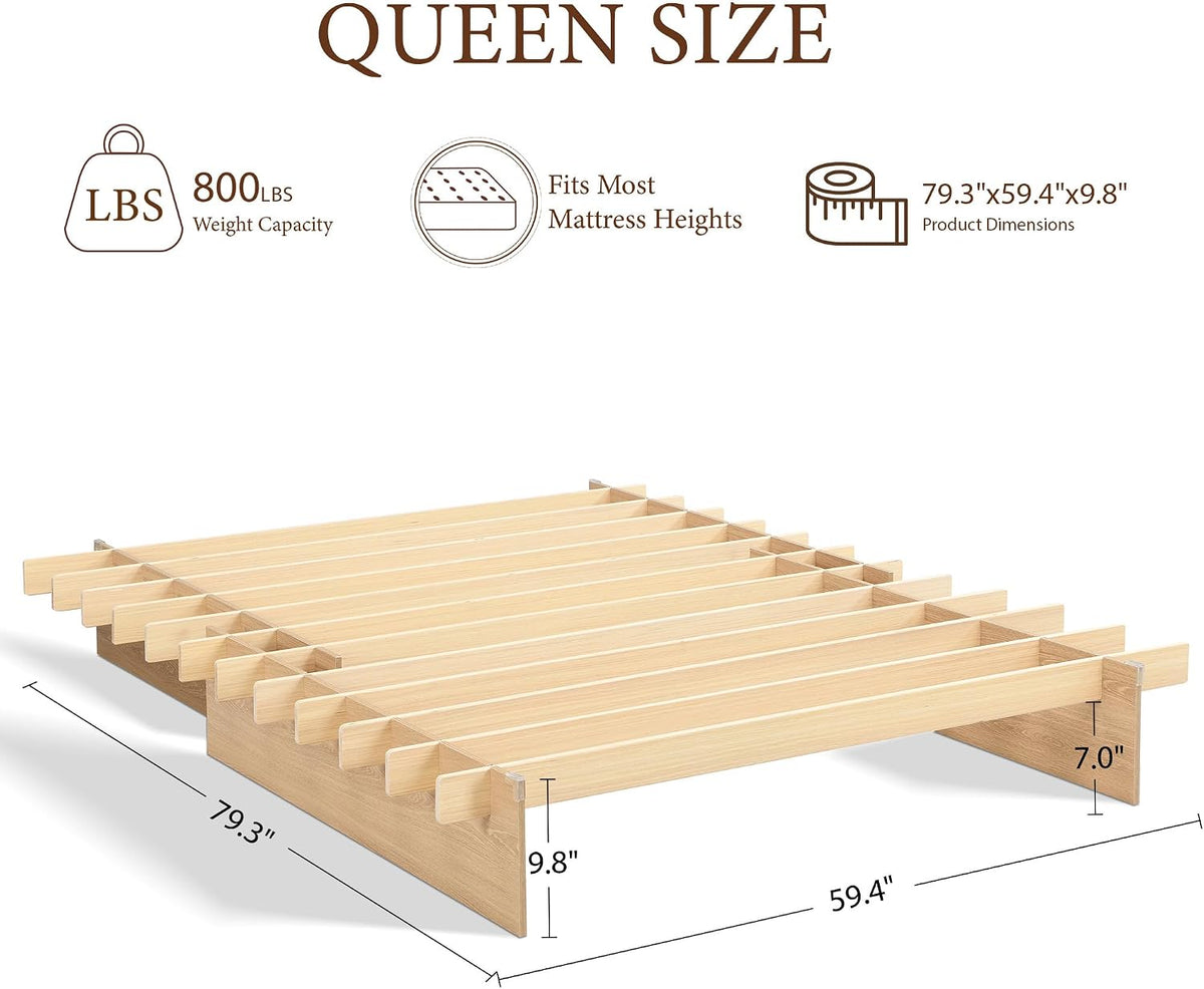 Solid Wood Platform Bed Frame | Natural Oak, Tool-Free Asse mbly, Queen & King queen size