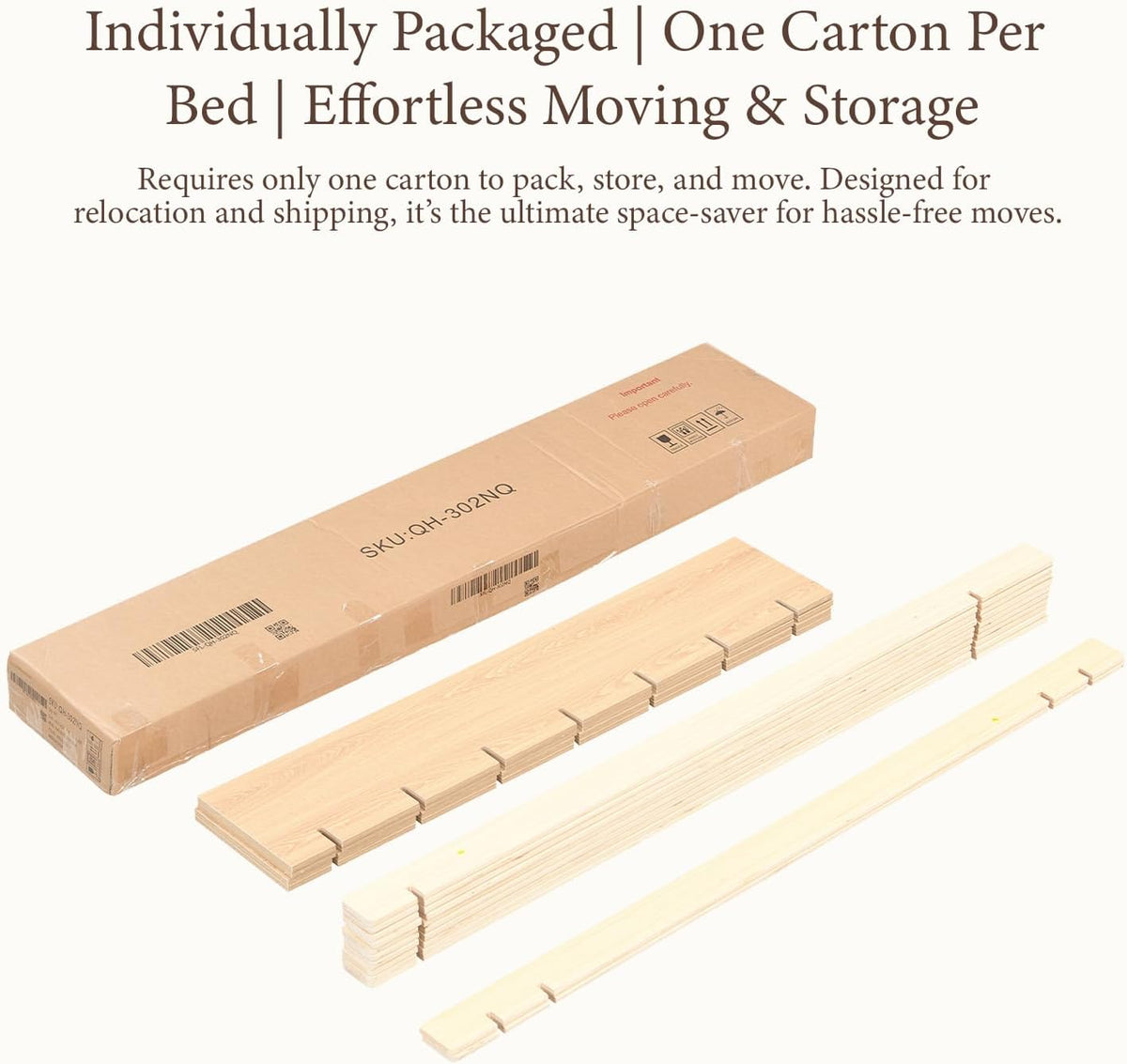 Solid Wood Platform Bed Frame | Natural Oak, Tool-Free Assembly, Queen & King product Packaging