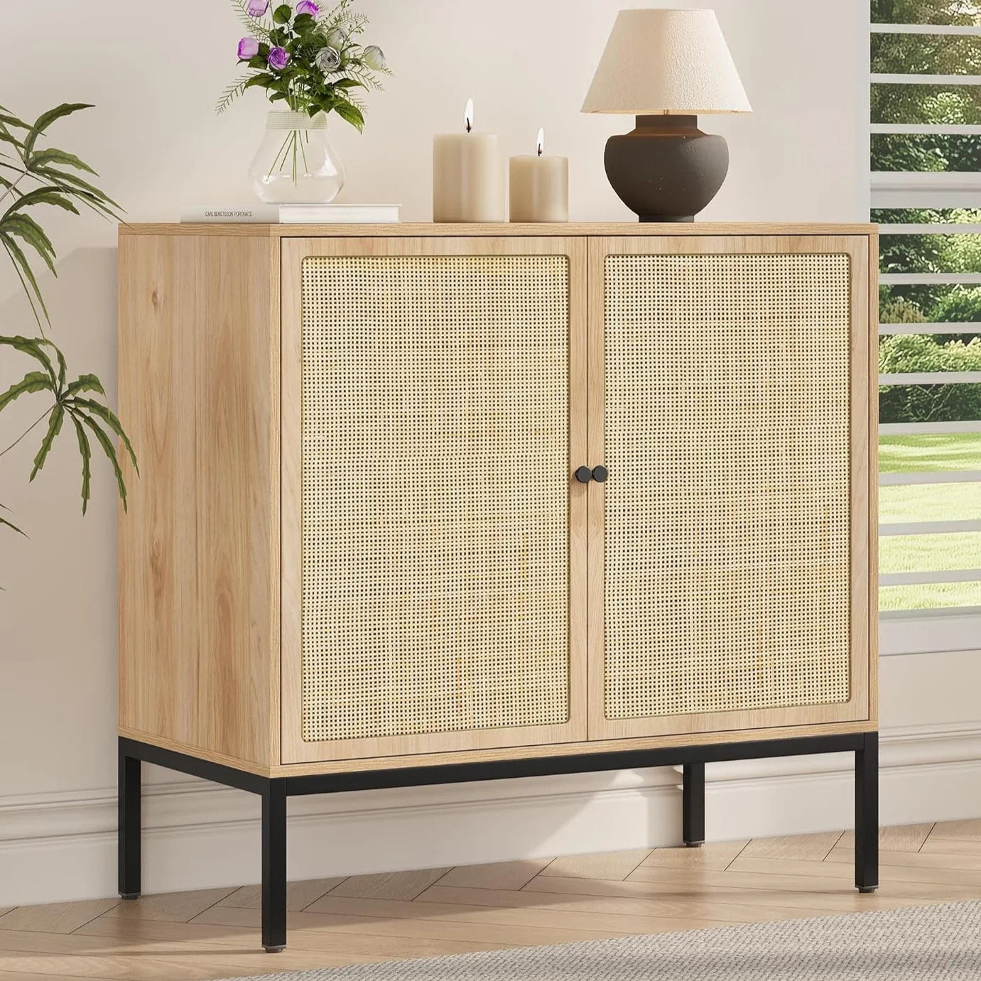 Sideboard Cabinet with Natural Rattan Decorated Doors