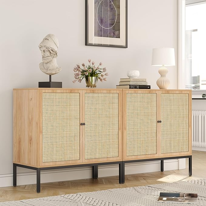 Sideboard Cabinet with Natural Rattan Decorated Doors