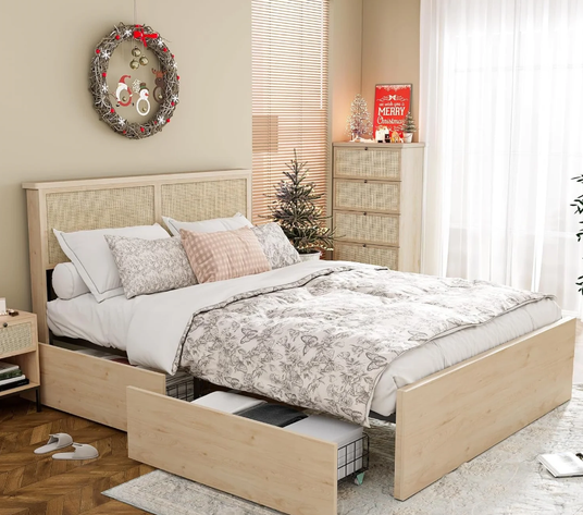 Front view of the Yechen Laguna rattan bed frame, featuring a woven headboard and solid wood base in a bright, modern bedroom.